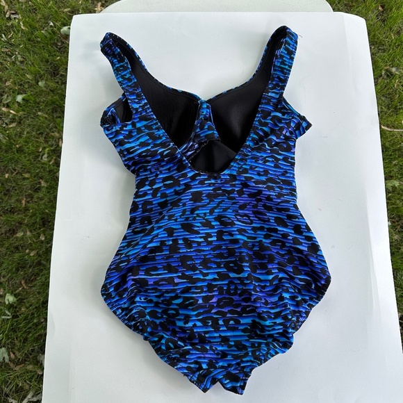 Miraclesuit One Piece Swimsuit Blue Black Print Cross Front Size M? - Picture 7 of 13